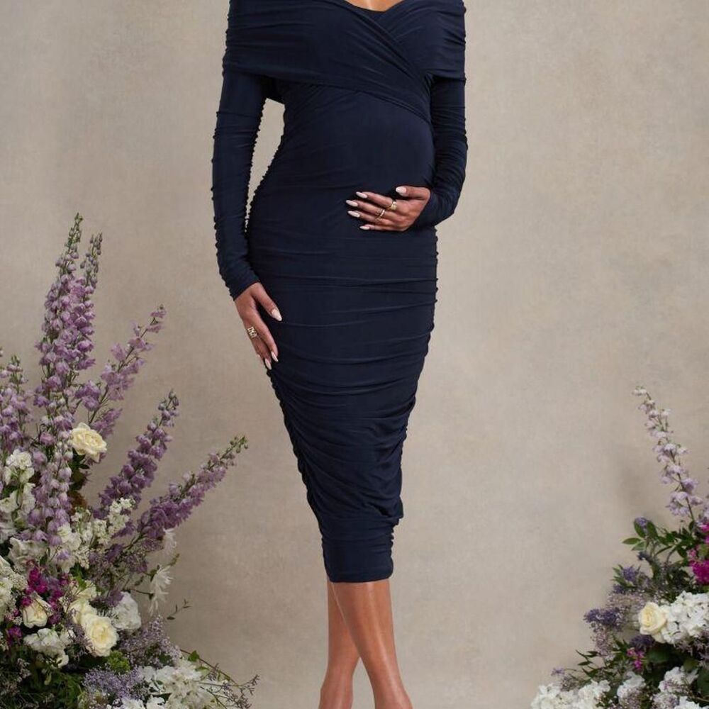 Club London Davina Navy Ruche Twist Bardot Long Sleeve Maternity Dress